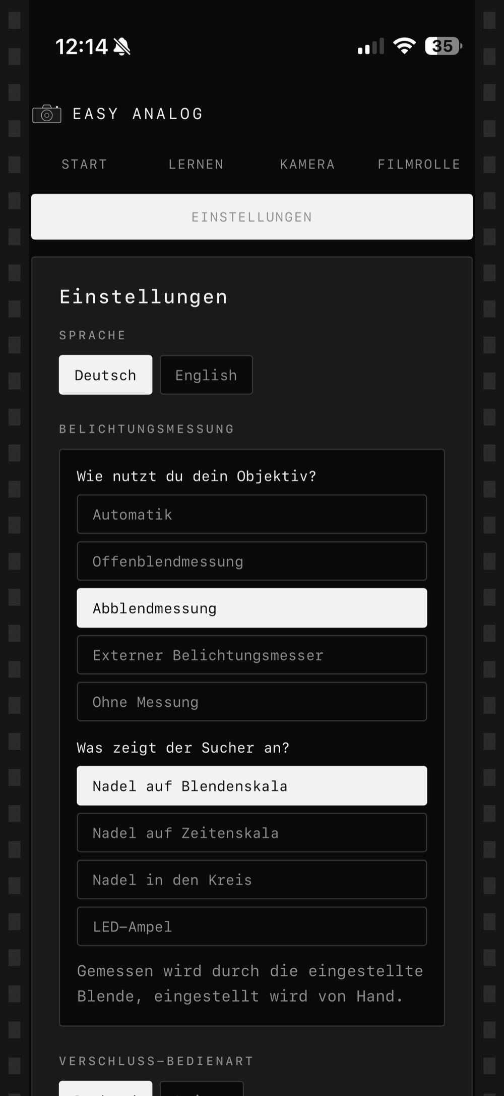 Einstellungen: Wahl zwischen Automatik, Offenblend-, Abblendmessung, externem Messer und ohne Messung, darunter die Anzeigeart