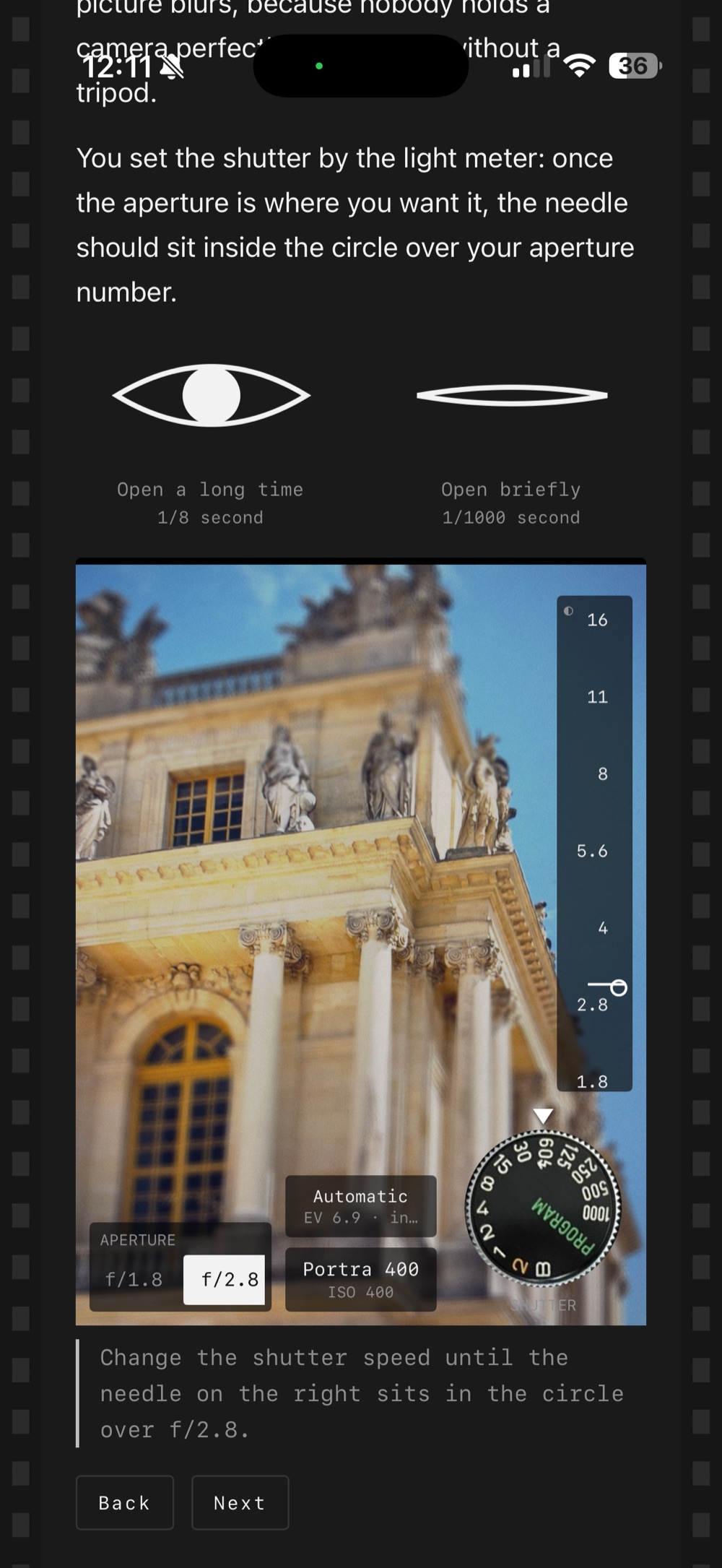 A course step about the shutter, showing the shutter dial and the light meter